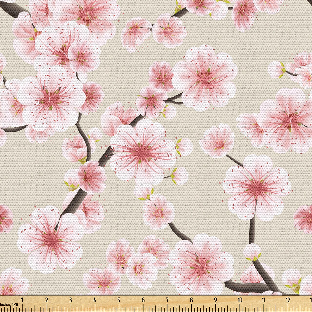 Ambesonne East Fabric by the Yard, Japanese Flowering Cherry Blossom Symbolic Coming of Spring Season Eastern Inspired, Decorative Fabric for Upholstery and Home Accents, 1 Yard, Beige Rose